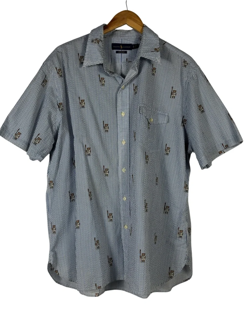 Ralph Lauren Classic Fit Striped Seersucker Boating Bear Shirt Mens XL Blue